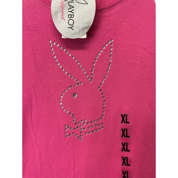 PLAYBOY Rare Vintage Y2K NWT Pink Silver Rhinestone Bling Sexy Tee Shirt XL - Picture 8 of 11